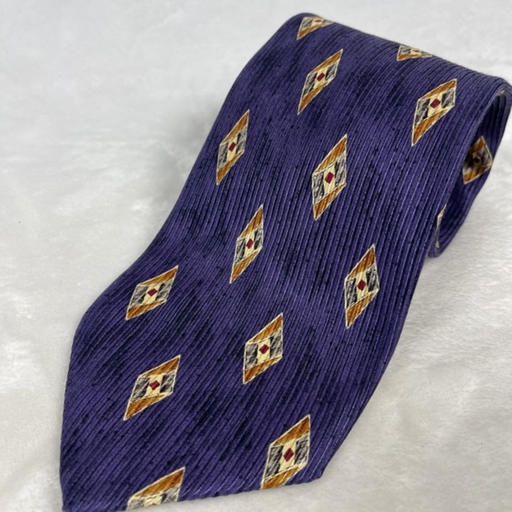 Robert Talbott Studio VTG Silk Repp‎ Tie Purple Gold Diamond Pattern 4" USA